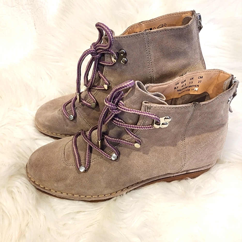 NEW Taupe Grey Leather Suede Hush Puppies Catelyn Hiking Ankle Boot Women's 9.5